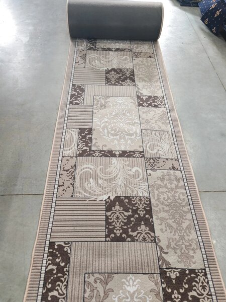 Traversa ZARRA 00744, Model Patchwork Imprimat, Tesatura Plata, Latime 0.6m, Marime 60 x 200 cm, Gri, Bej, Maro, Festonata / Surfilata / Tivita