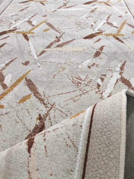 Traversa ZARRA 01437, Model Abstract Imprimat, Tesatura Plata, Latime 0.6m, Marime 60 X 300 cm, Gri si Maro cu Accente Ocru, Festonata Surfilata