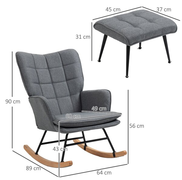 HOMCOM Scaun Balansoar cu Taburet în Stofă Tip In și Lemn de Cauciuc, Fotoliu Balansoar cu Pernă, Spătar Înalt, Cotiere, Capacitate 130 kg, pentru Dormitor Living, Gri | Aosom Romania