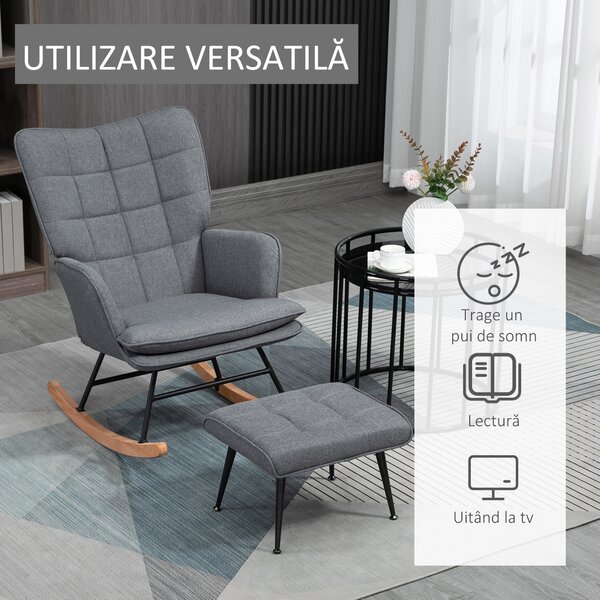 HOMCOM Scaun Balansoar cu Taburet în Stofă Tip In și Lemn de Cauciuc, Fotoliu Balansoar cu Pernă, Spătar Înalt, Cotiere, Capacitate 130 kg, pentru Dormitor Living, Gri | Aosom Romania