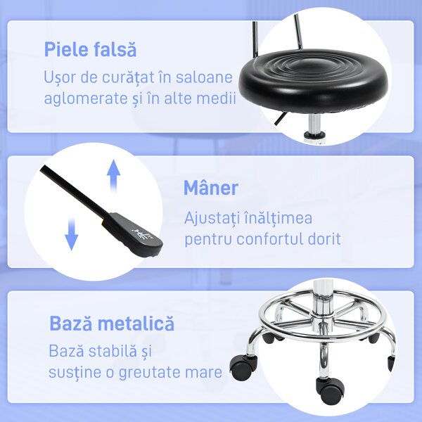 HOMCOM Scaun Rotativ Reglabil la 360°, Scaun Estetician cu Spătar, Roți și Suport pentru Picioare, din Oțel, Piele Sintetică, 32x40x70-86 cm, Negru | Aosom Romania