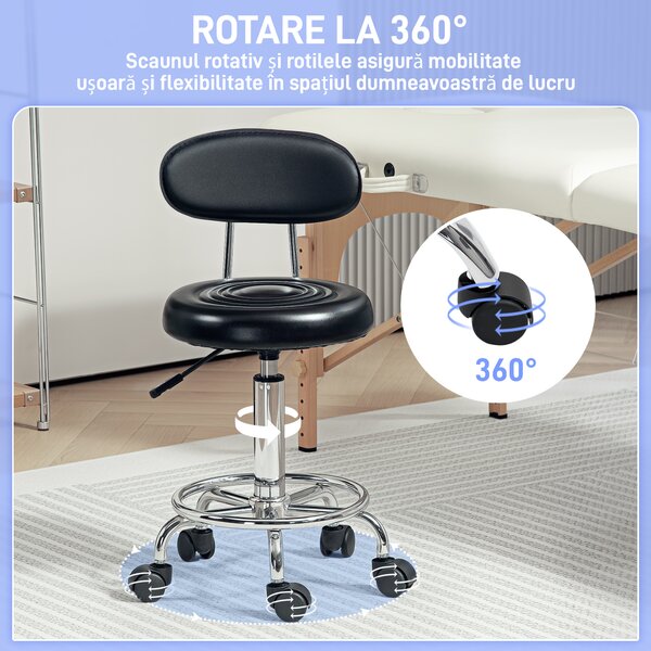 HOMCOM Scaun Rotativ Reglabil la 360°, Scaun Estetician cu Spătar, Roți și Suport pentru Picioare, din Oțel, Piele Sintetică, 32x40x70-86 cm, Negru | Aosom Romania