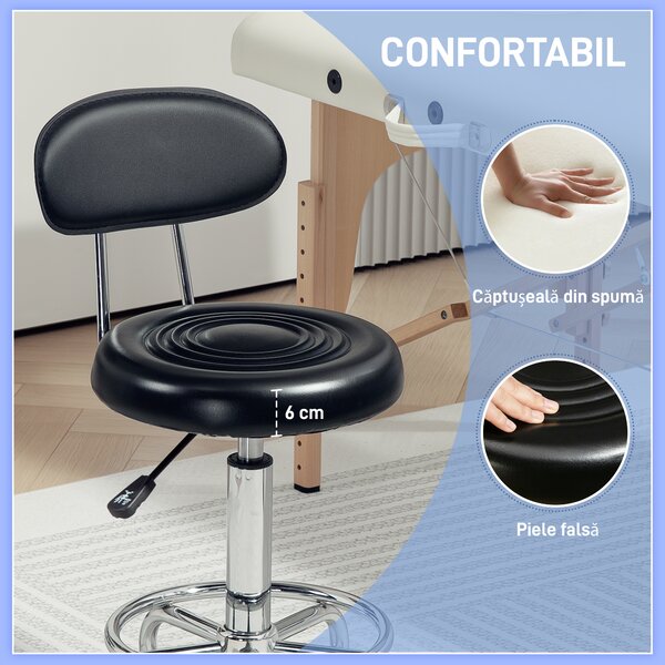 HOMCOM Scaun Rotativ Reglabil la 360°, Scaun Estetician cu Spătar, Roți și Suport pentru Picioare, din Oțel, Piele Sintetică, 32x40x70-86 cm, Negru | Aosom Romania