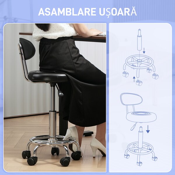 HOMCOM Scaun Rotativ Reglabil la 360°, Scaun Estetician cu Spătar, Roți și Suport pentru Picioare, din Oțel, Piele Sintetică, 32x40x70-86 cm, Negru | Aosom Romania