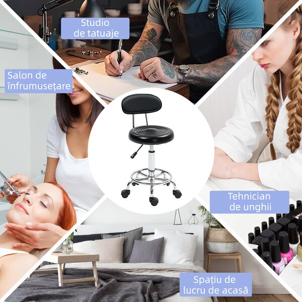 HOMCOM Scaun Rotativ Reglabil la 360°, Scaun Estetician cu Spătar, Roți și Suport pentru Picioare, din Oțel, Piele Sintetică, 32x40x70-86 cm, Negru | Aosom Romania