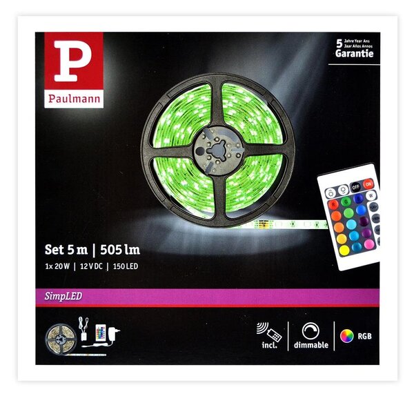 Bandă dimabilă LED RGB/20W Paulmann 78978 SIMPLED 5m 230V + telecomandă
