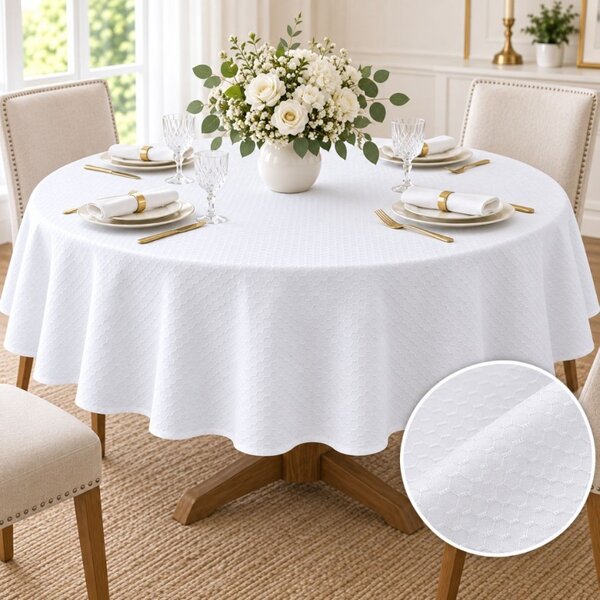 Fata de masa satinata jacquard alba, rotunda, diametru 140cm, elegant geometric