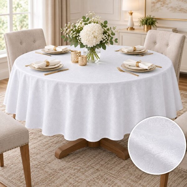 Fata de masa satinata jacquard alba, rotunda, diametru 140cm, damasc floral