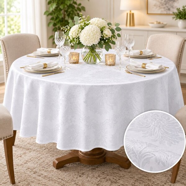 Fata de masa satinata jacquard alba, rotunda, diametru 140cm, damasc floral cu medalioane