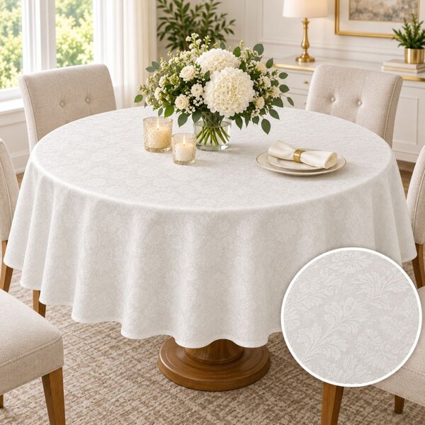 Fata de masa satinata jacquard crem, rotunda, diametru 140cm, elegant floral