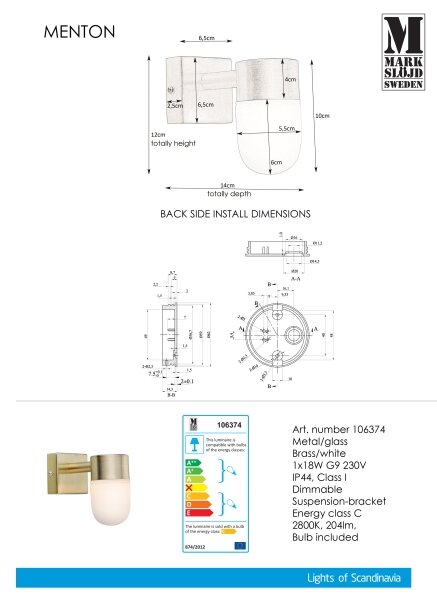 Aplică pentru baie Markslöjd 106374 MENTON 1xG9/18W/230V IP44