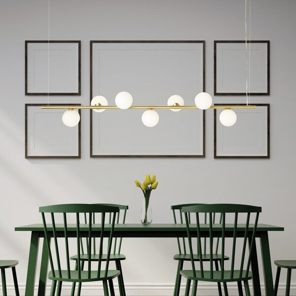 Miloox by Sforzin Lampă suspendată Pomi, 7 becuri, aurie, sticlă, liniară, reglabil, Auriu / Alamă, Camera de zi / sufragerie, Sticlă, Design, glob