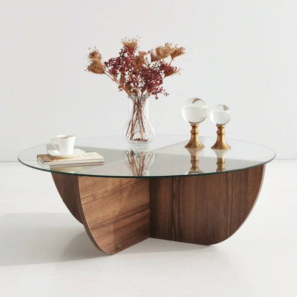 Masuta cafea Lily, transparent/nuc, sticla/PAL melaminat, 90x90x30 cm