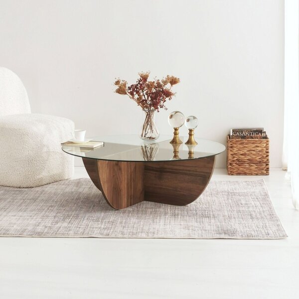 Masuta cafea Lily, transparent/nuc, sticla/PAL melaminat, 90x90x30 cm