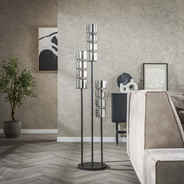 Zijlstra Cylindro lampadar, 3 becuri, crom, negru, sticlă, Metalic, Camera de zi / sufragerie, Sticlă, Modern