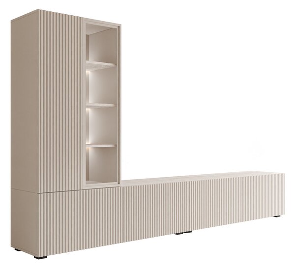 Set de living Comfivo Tutelar, Cașmir, Travertin ușor, PAL laminat, Sticlă călită, MDF, 158x260x41cm, 93 kg