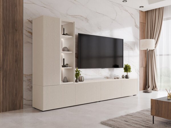 Set de living Comfivo Tutelar, Cașmir, Travertin ușor, PAL laminat, Sticlă călită, MDF, 158x260x41cm, 93 kg