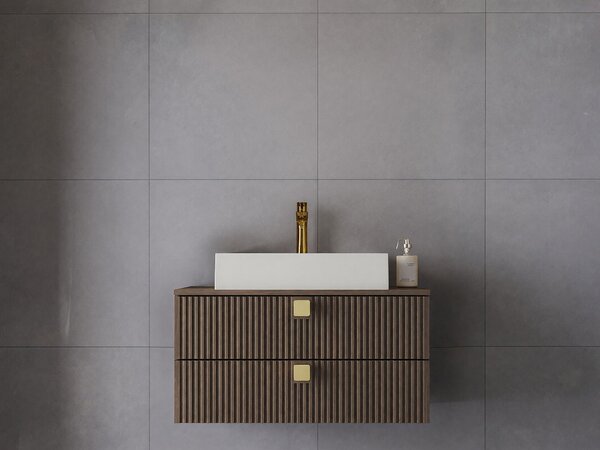 Cabinet atârnat pentru baie Gratal, Nuc închis, PAL laminat, MDF, 42x80x46cm, 24 kg