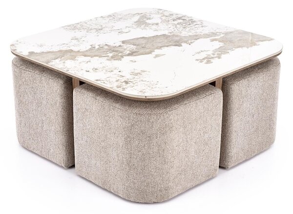 Măsuță de cafea Houston 2220 Cu tabureți tapițați, Nuc, Bej, Marmură brună, MDF, 45x90x90cm, 60 kg