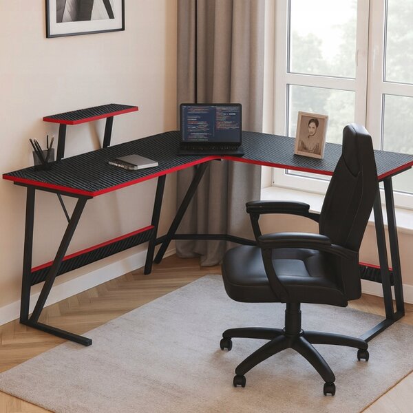 Birou de gaming de colț BG02 - negru cu raft pentru monitor