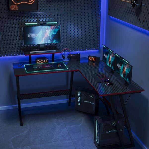 Birou de gaming de colț BG02 - negru cu raft pentru monitor