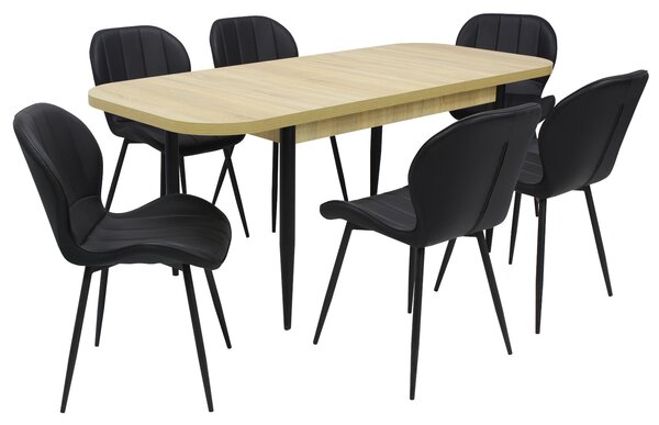 Set masă extensibilă Viena Stejar cu 6 Scaune Piele Topaz Negru