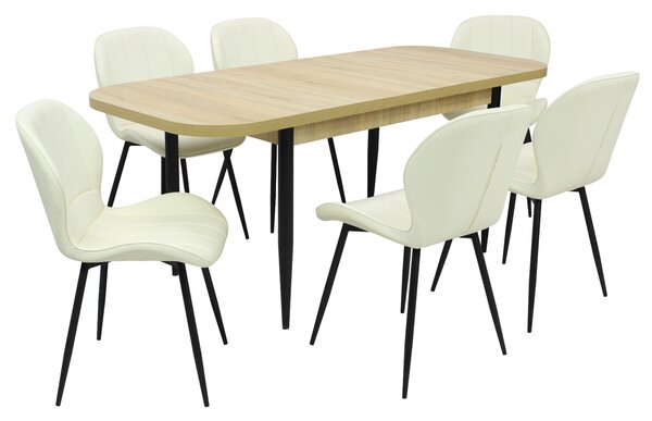 Set masă extensibilă Viena Stejar cu 6 Scaune Piele Topaz Crem