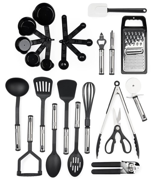 Set ustensile bucatarie din nylon rezistent la caldura, 25 piese, antiaderente, cu suport – spatule, linguri, polonic, cleste, tel, razatoare, cani si linguri de masurare – onuvio®