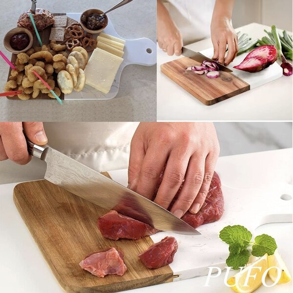 Platou de servire tip tocator din lemn si marmura– tava pentru aperitive, branzeturi, mezeluri si gustari, 33.5 x 21.5 cm, alb/maro
