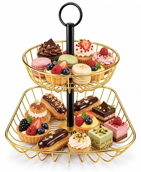 Fructiera cu 2 etaje, suport metalic modern pentru fructe si legume, organizator elegant pentru bucatarie si masa, 51 x 42 cm, auriu
