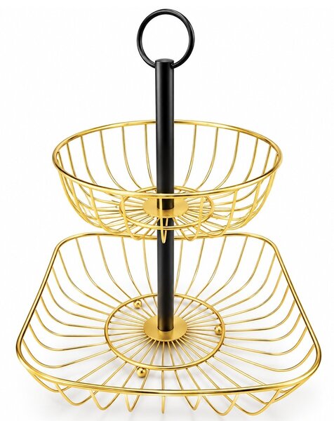Fructiera cu 2 etaje, suport metalic modern pentru fructe si legume, organizator elegant pentru bucatarie si masa, 51 x 42 cm, auriu
