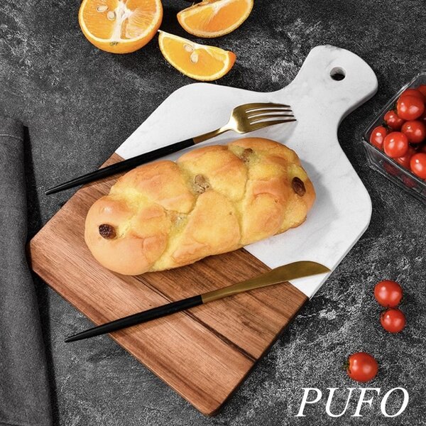 Platou de servire tip tocator din lemn si marmura– tava pentru aperitive, branzeturi, mezeluri si gustari, 33.5 x 21.5 cm, alb/maro