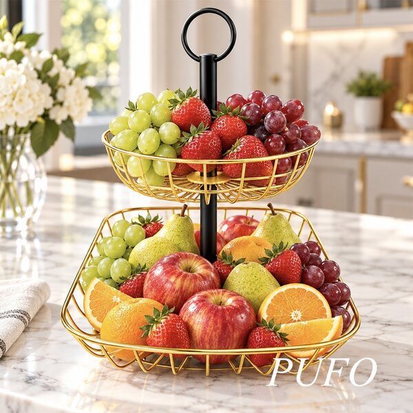 Fructiera cu 2 etaje, suport metalic modern pentru fructe si legume, organizator elegant pentru bucatarie si masa, 51 x 42 cm, auriu