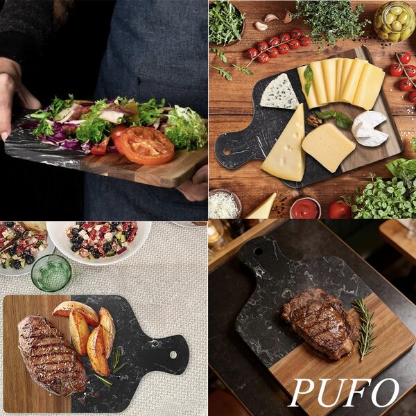 Platou de servire tip tocator din lemn si marmura– tava pentru aperitive, branzeturi, mezeluri si gustari, 33.5 x 21.5 cm, negru/maro