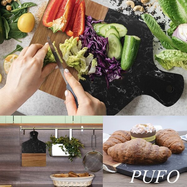 Platou de servire tip tocator din lemn si marmura– tava pentru aperitive, branzeturi, mezeluri si gustari, 33.5 x 21.5 cm, negru/maro