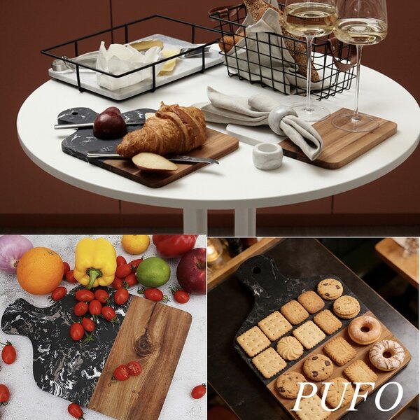 Platou de servire tip tocator din lemn si marmura– tava pentru aperitive, branzeturi, mezeluri si gustari, 33.5 x 21.5 cm, negru/maro