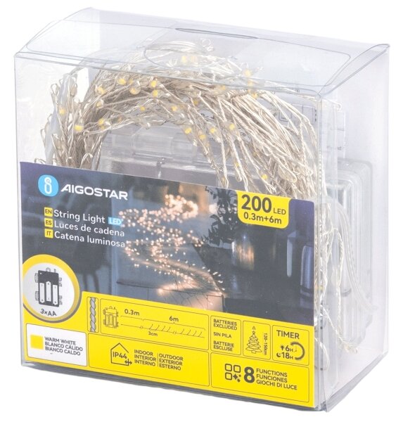 Aigostar - LED ghirlandă de Crăciun pentru exterior 200 LED/8 moduri 3xAA 6,3m IP44 alb cald