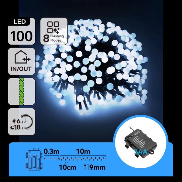 Aigostar - LED ghirlandă de exterior de Crăciun 100xLED/8 funcții 3xAA 10,3m IP44 alb rece