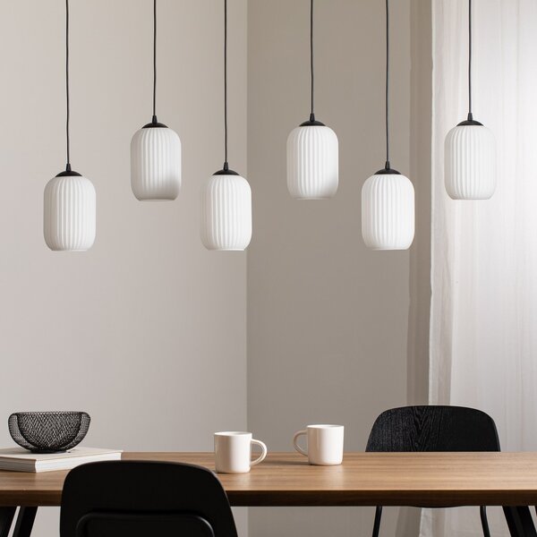 EMIBIG LIGHTING Lampă suspendată Verdi, lungime 115 cm, negru/opal, sticlă, 6 becuri., reglabil, Alb, Camera de zi / sufragerie, Sticlă