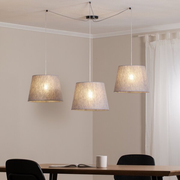 EMIBIG LIGHTING Lampă suspendată Ascot, gri, țesătură, 3 becuri, descentralizată, reglabil, Gri, Camera de zi / sufragerie, Țesătură / Textil, Modern