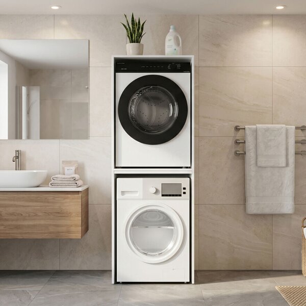 Dulap Baie Adore pentru Masina de Spalat si Uscator cu Blat Glisant, Alb, 65x182x67 cm