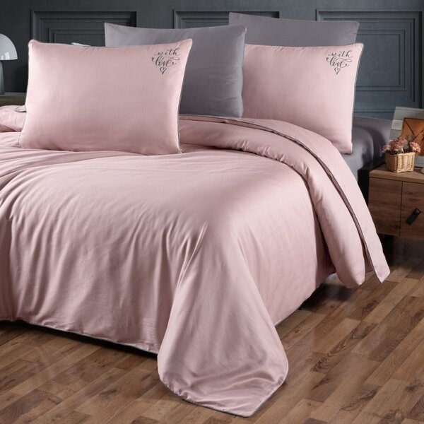 Lenjerie de pat, roz pudra, bumbac satin de lux 6 piese, First Choice, Timeless, With love