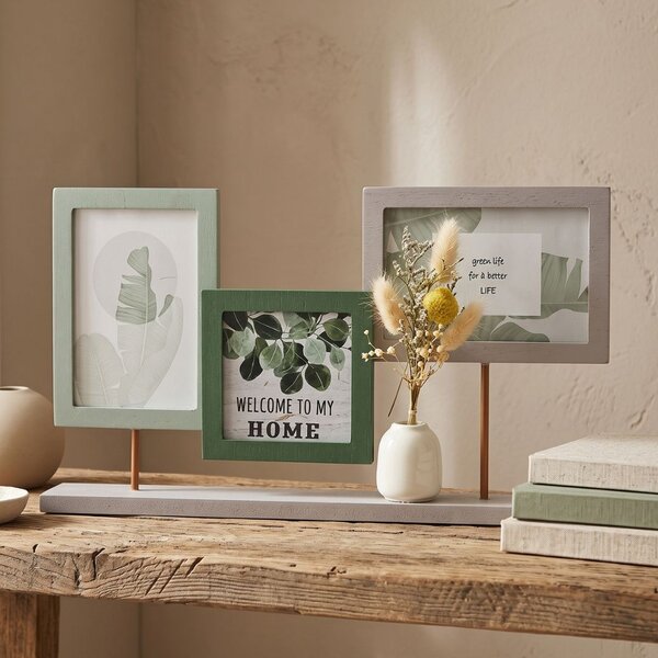 Ramă foto decorativă, cu vază, colaj pentru 3 poze, culoare verde
