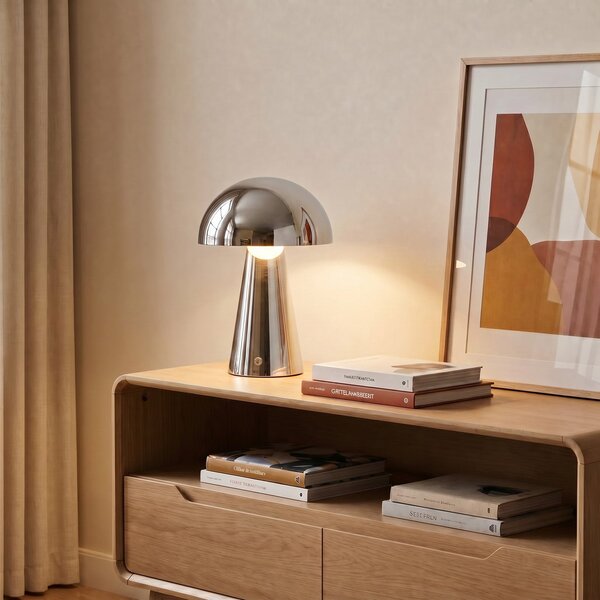 Lindby Lampă de masă cu baterie LED Nevijo, crom, Ø20cm, USB, dimabil, reglabil, Metalic, Camera de zi / sufragerie, Metal, Modern