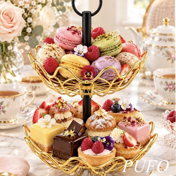 Fructiera cu 2 etaje, suport metalic modern pentru fructe si legume, organizator elegant pentru bucatarie si masa, 41 x 27 cm, auriu