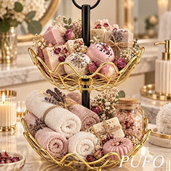 Fructiera cu 2 etaje, suport metalic modern pentru fructe si legume, organizator elegant pentru bucatarie si masa, 41 x 27 cm, auriu