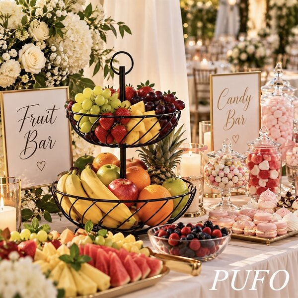 Fructiera cu 2 etaje, suport metalic modern pentru fructe si legume, organizator elegant pentru bucatarie si masa, Ø 27 x 37 cm, negru