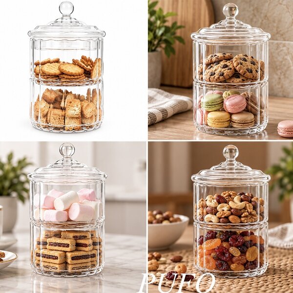 Bomboniera eleganta din sticla transparenta, etajata, cu 2 compartimente si capac – recipient decorativ pentru dulciuri si praline