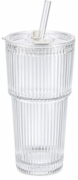 Pahar elegant Pufo din sticla cu capac si pai, ideal pentru smoothie, apa, limonada, cafea rece sau sucuri, 500 ml