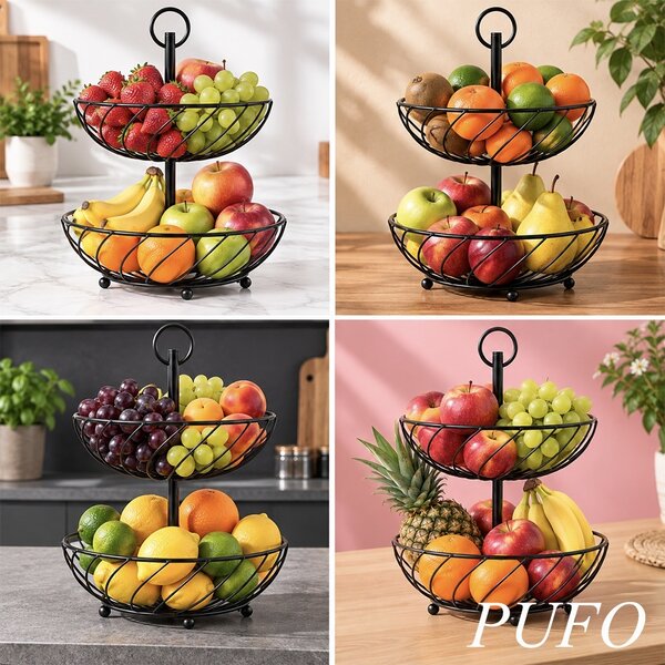 Fructiera cu 2 etaje, suport metalic modern pentru fructe si legume, organizator elegant pentru bucatarie si masa, Ø 27 x 37 cm, negru